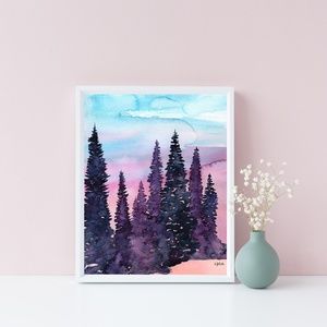 Artisan Watercolor Enchanted Tree Landscape Art Print